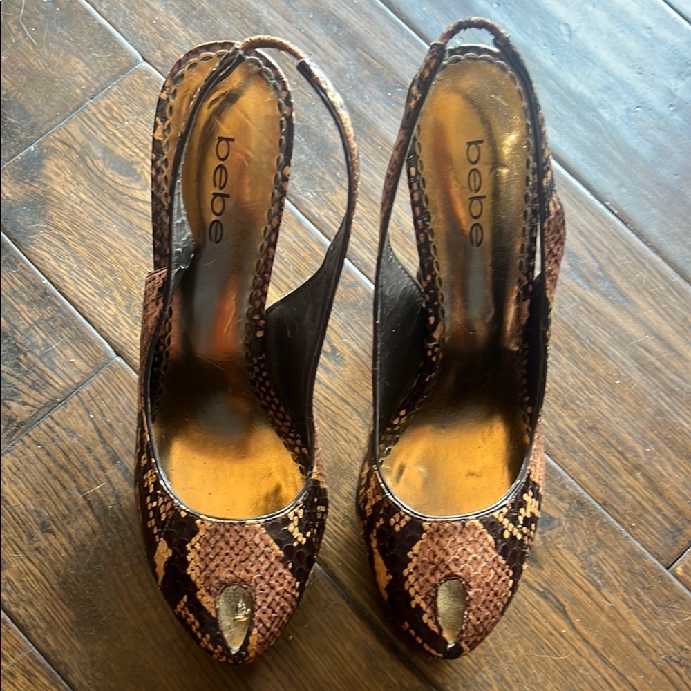 Bebe Snake Print Slingback Heels - Brown and Black